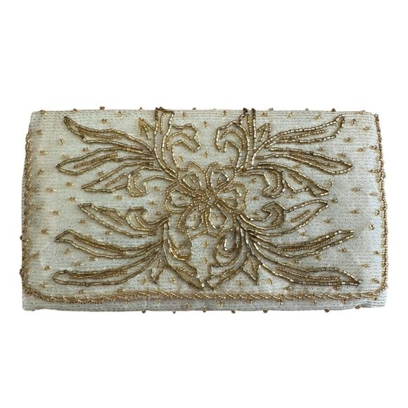 Vintage La Regale Ltd. Hand Made Gold Beaded Evening Prom Formal Lined Clutch - Picture 1 of 9